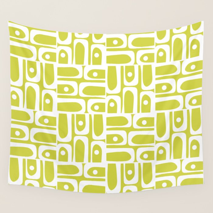 Mid Century Modern Piquet Abstract Multi Pattern in Chartreuse and White Wall Tapestry Gallery Image 4