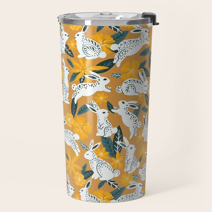 Bunnies & Blooms - Ochre & Teal Palette Travel Mug Gallery Image 2