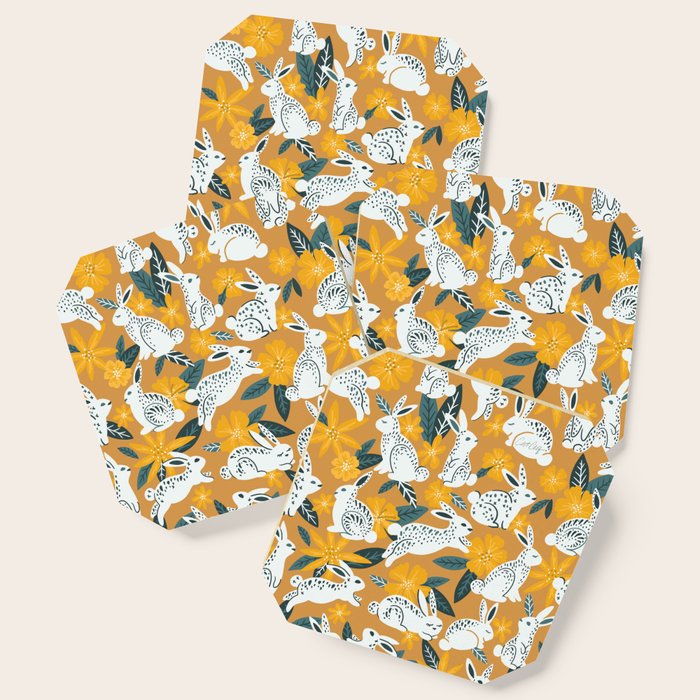 Bunnies & Blooms - Ochre & Teal Palette Coaster Gallery Image 1