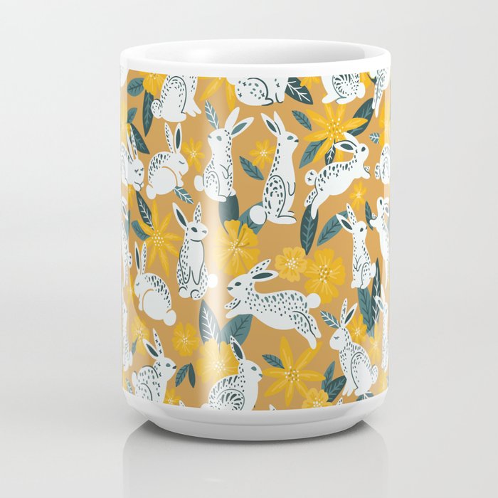 Bunnies & Blooms - Ochre & Teal Palette Coffee Mug Gallery Image 4