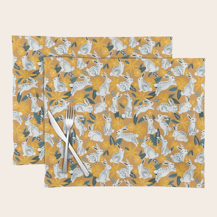 Bunnies & Blooms - Ochre & Teal Palette Placemat Gallery Image 1