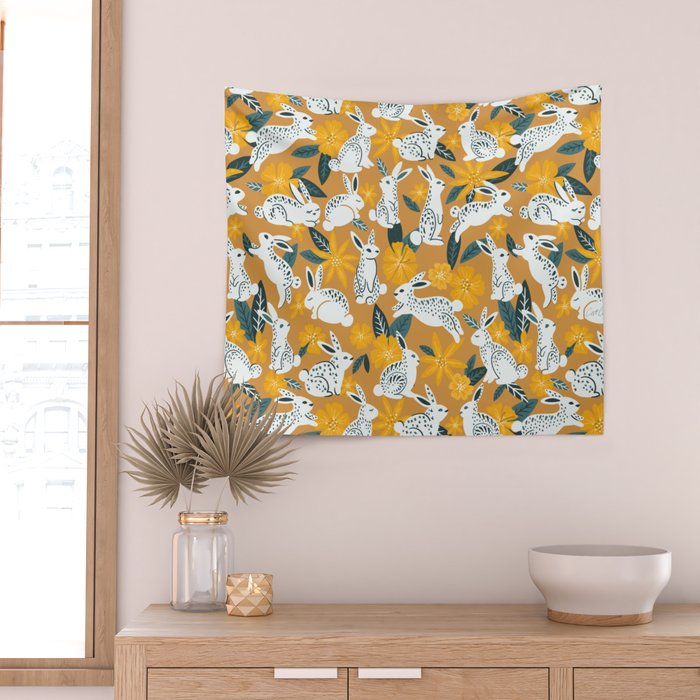 Bunnies & Blooms - Ochre & Teal Palette Wall Tapestry Gallery Image 2