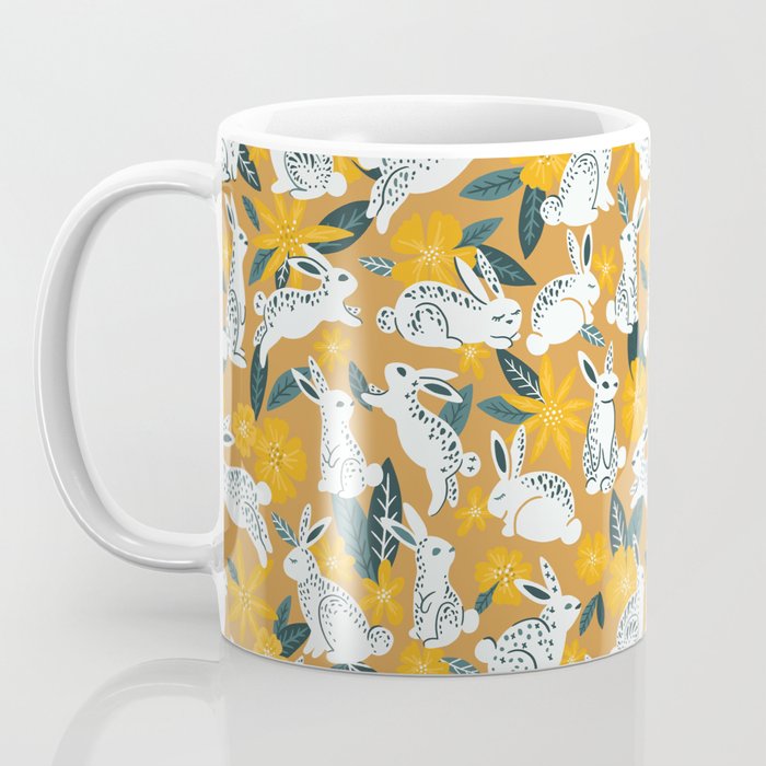 Bunnies & Blooms - Ochre & Teal Palette Coffee Mug Gallery Image 3