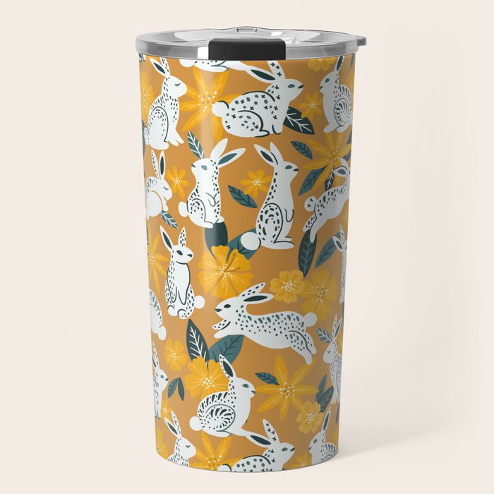Bunnies & Blooms - Ochre & Teal Palette Travel Mug Gallery Image 1