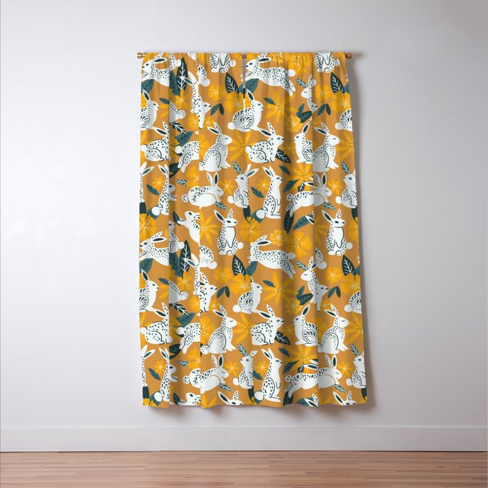 Bunnies & Blooms - Ochre & Teal Palette Window Curtain Gallery Image 3