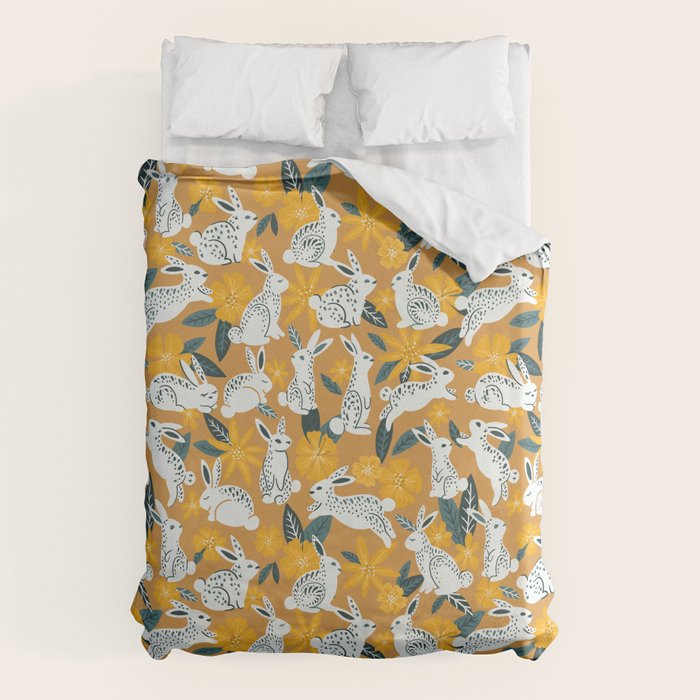 Bunnies & Blooms - Ochre & Teal Palette Duvet Cover Gallery Image 6