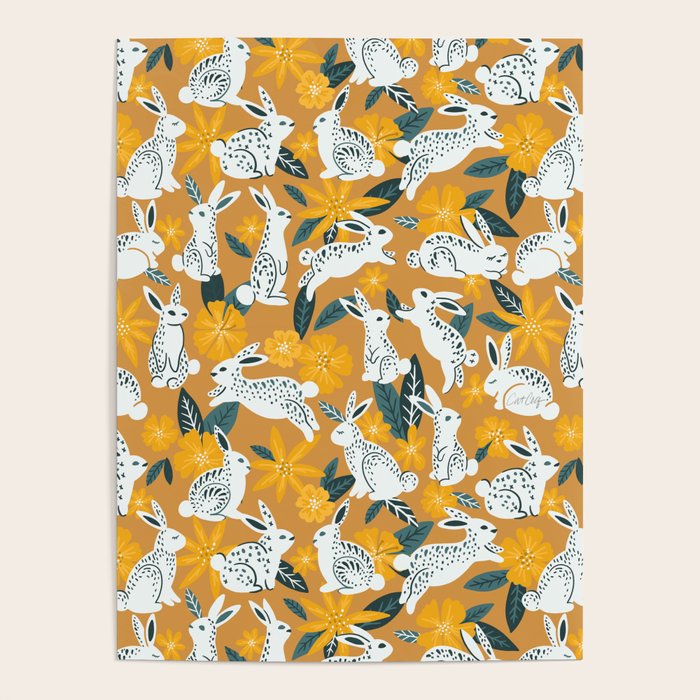 Bunnies & Blooms - Ochre & Teal Palette Poster Gallery Image 4