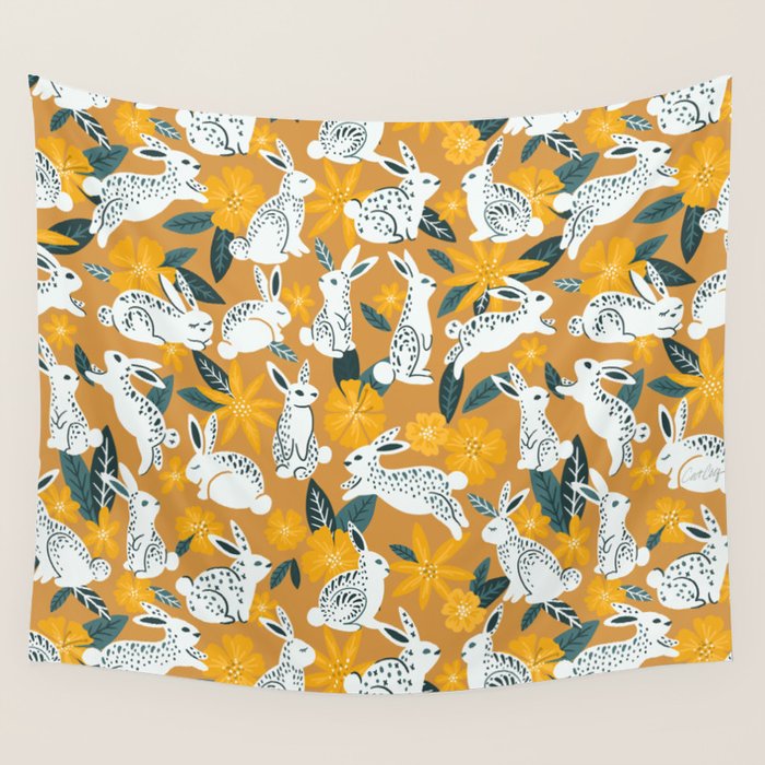 Bunnies & Blooms - Ochre & Teal Palette Wall Tapestry Gallery Image 1