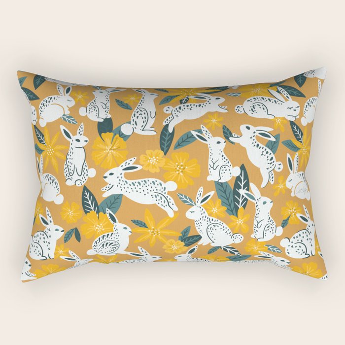 Bunnies & Blooms - Ochre & Teal Palette Rectangular Pillow Gallery Image 2