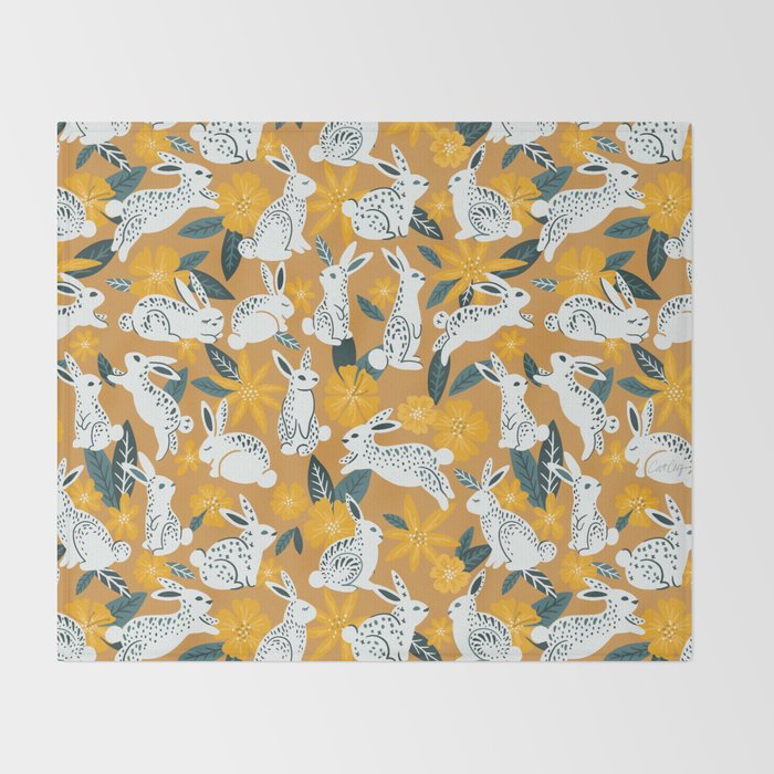 Bunnies & Blooms - Ochre & Teal Palette Throw Blanket Gallery Image 2