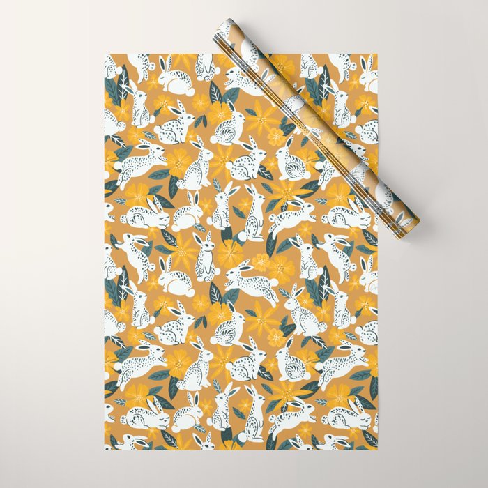 Bunnies & Blooms - Ochre & Teal Palette Wrapping Paper Gallery Image 1