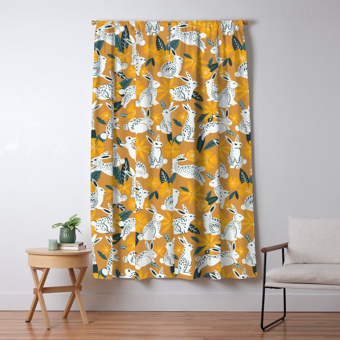 Bunnies & Blooms - Ochre & Teal Palette Window Curtain Gallery Image 1
