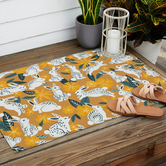 Bunnies & Blooms - Ochre & Teal Palette Outdoor Rug Gallery Image 2