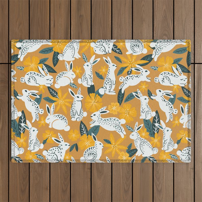 Bunnies & Blooms - Ochre & Teal Palette Outdoor Rug Gallery Image 1