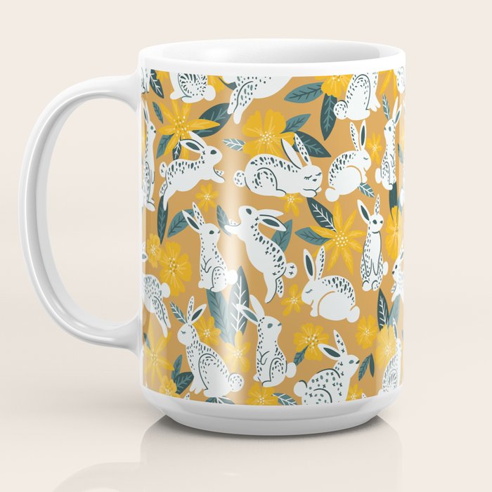 Bunnies & Blooms - Ochre & Teal Palette Coffee Mug Gallery Image 3
