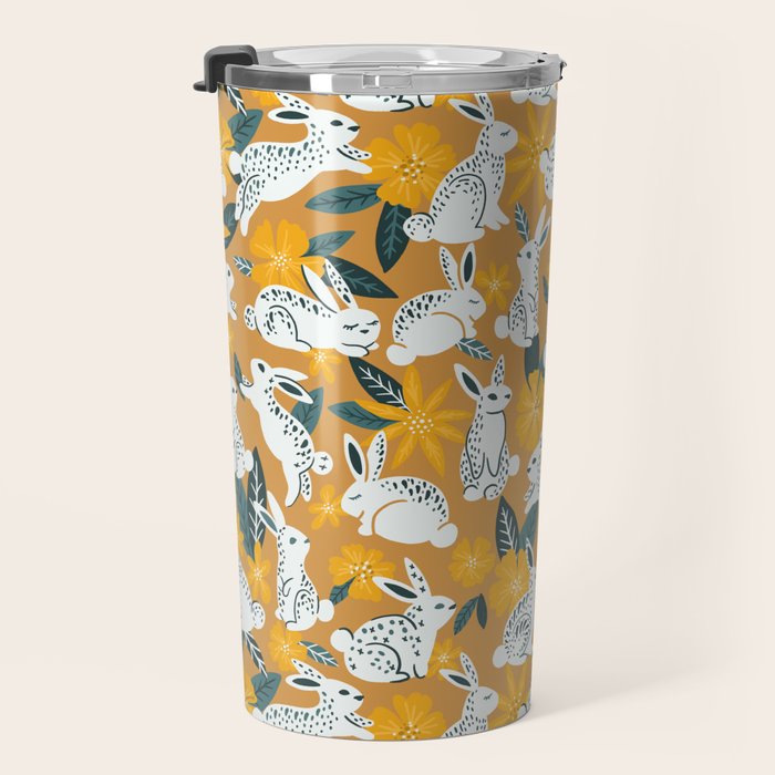 Bunnies & Blooms - Ochre & Teal Palette Travel Mug Gallery Image 3