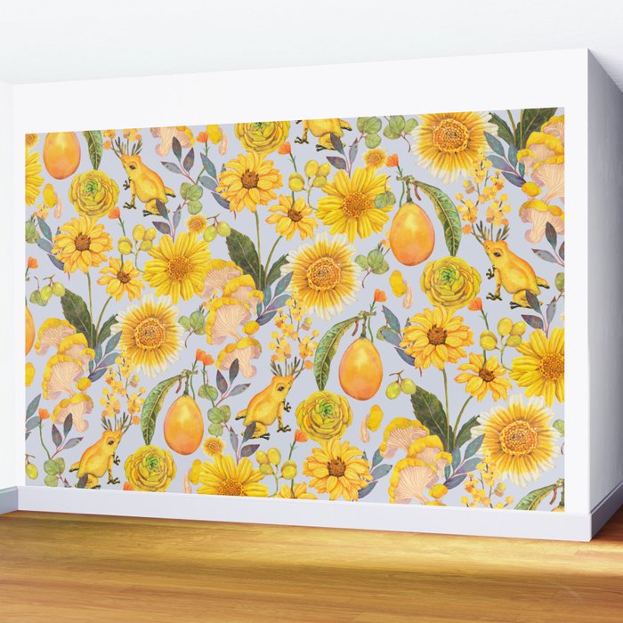 Yellow mushroom and florals - light Wall Mural Gallery Image 2