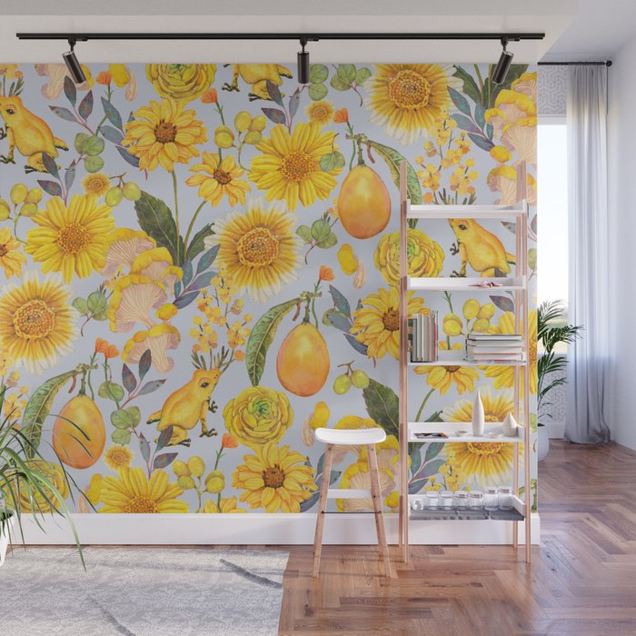 Yellow mushroom and florals - light Wall Mural Gallery Image 1