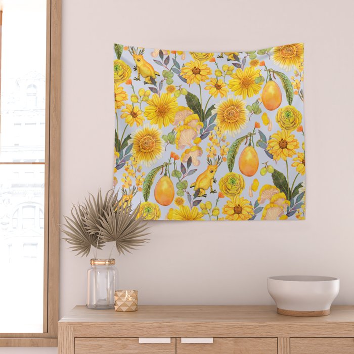 Yellow mushroom and florals - light Wall Tapestry Gallery Image 2