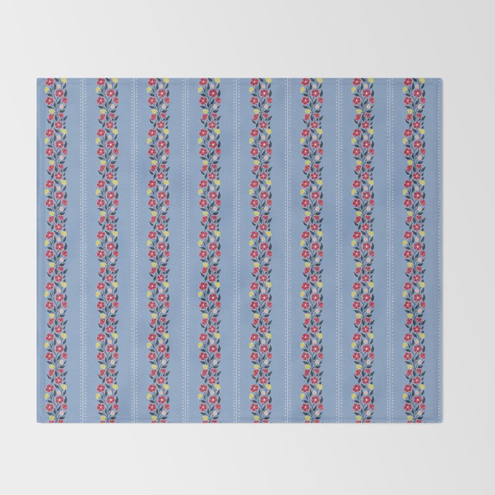 Vintage Posey Stripe Floral on Blue Linen Throw Blanket Gallery Image 2