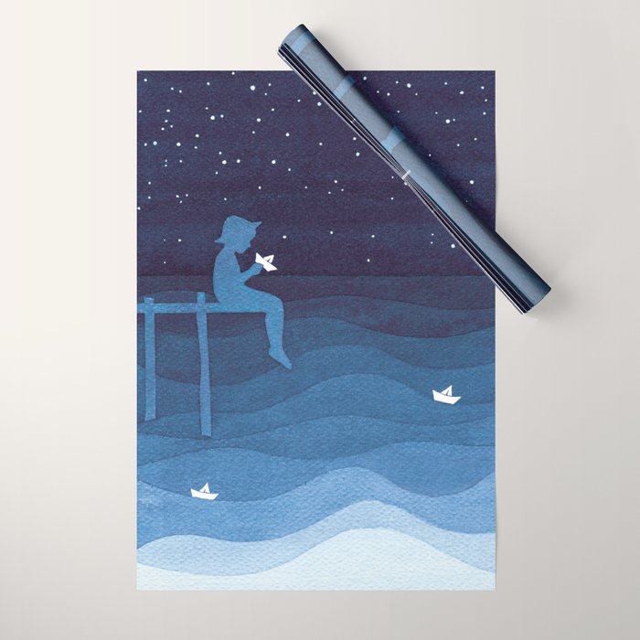 Boy with paper boats, blue Wrapping Paper Gallery Image 1
