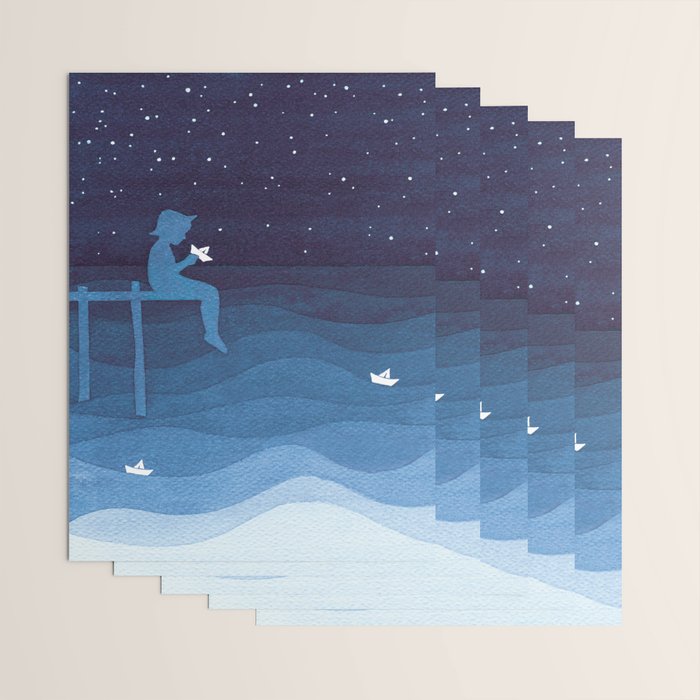 Boy with paper boats, blue Wrapping Paper Gallery Image 3