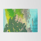 Vintage Japanese Woodblock Print Beautiful Water Creek Grey Rocks Green Trees Rug Gallery Image 2