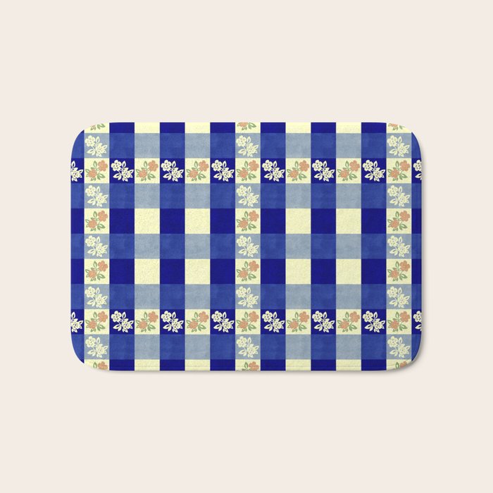 Vintage Blue Gingham with Flowers Bath Mat Gallery Image 1
