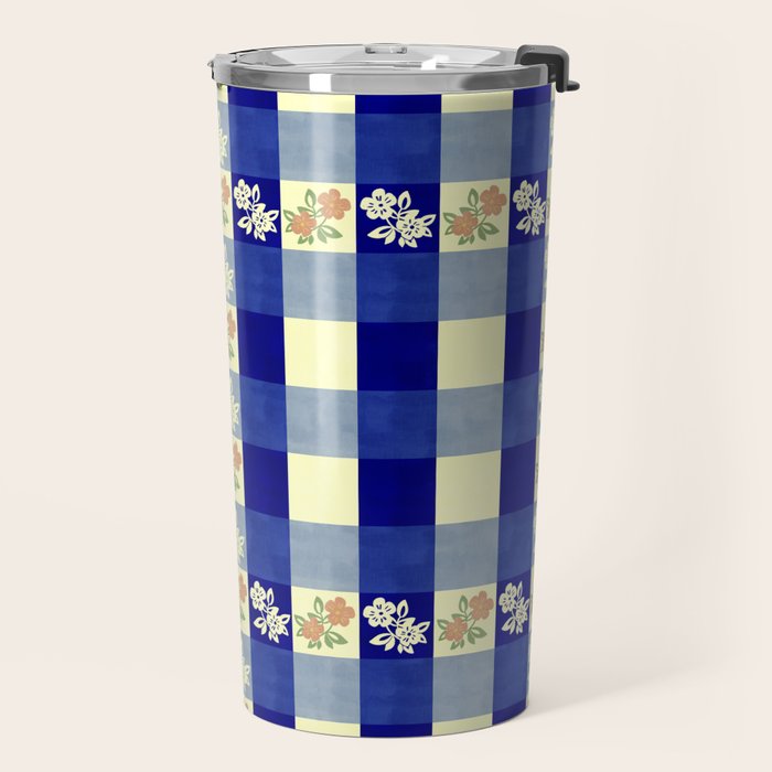 Vintage Blue Gingham with Flowers Travel Mug Gallery Image 2
