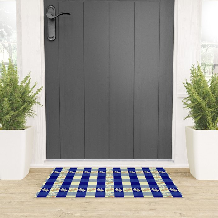 Vintage Blue Gingham with Flowers Welcome Mat Gallery Image 3