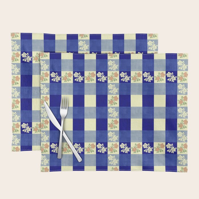 Vintage Blue Gingham with Flowers Placemat Gallery Image 1