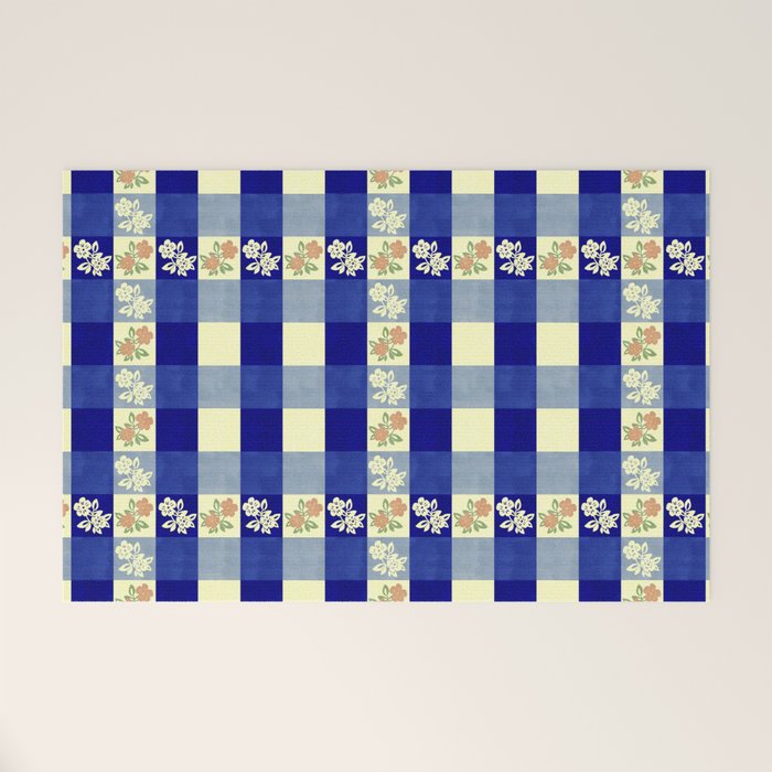Vintage Blue Gingham with Flowers Welcome Mat Gallery Image 1