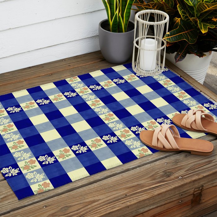 Vintage Blue Gingham with Flowers Outdoor Rug Gallery Image 2
