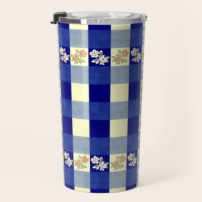 Vintage Blue Gingham with Flowers Travel Mug Gallery Image 3