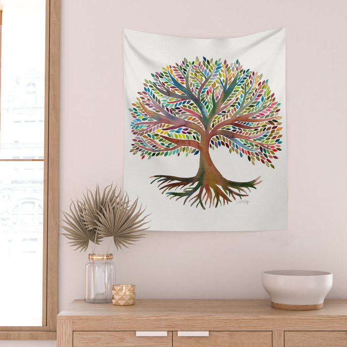 Tree of Life Watercolor - Rainbow Palette Wall Tapestry Gallery Image 2