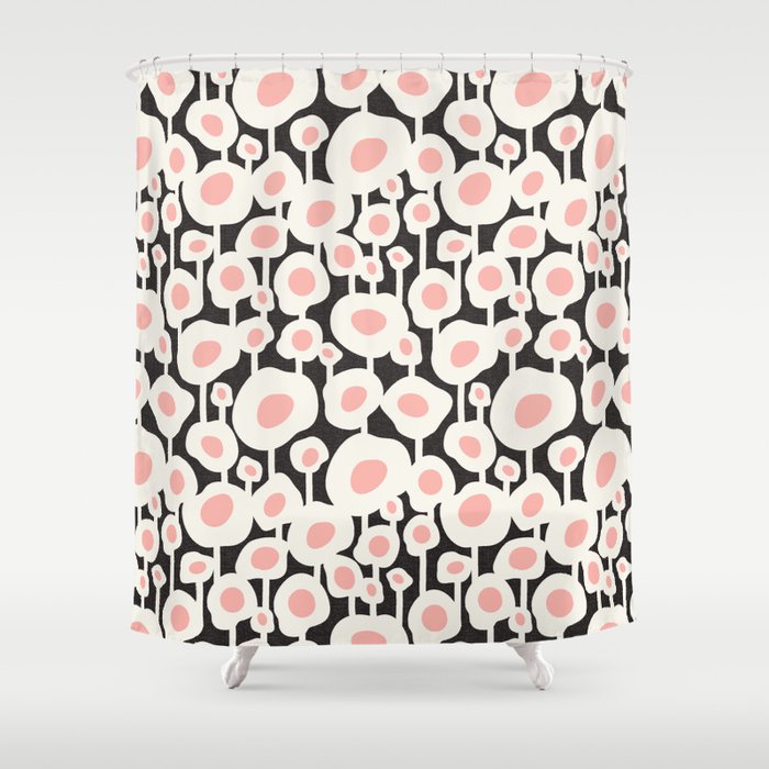 Poppy Dot - Retro Floral Black Pink Shower Curtain Gallery Image 1