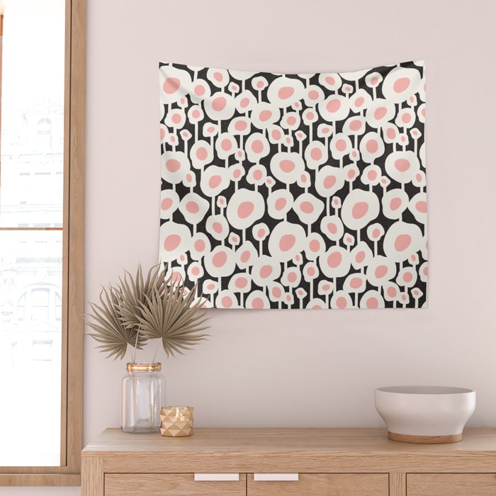Poppy Dot - Retro Floral Black Pink Wall Tapestry Gallery Image 2