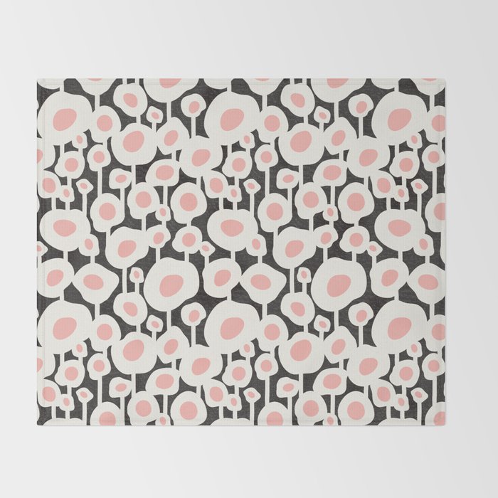 Poppy Dot - Retro Floral Black Pink Throw Blanket Gallery Image 2