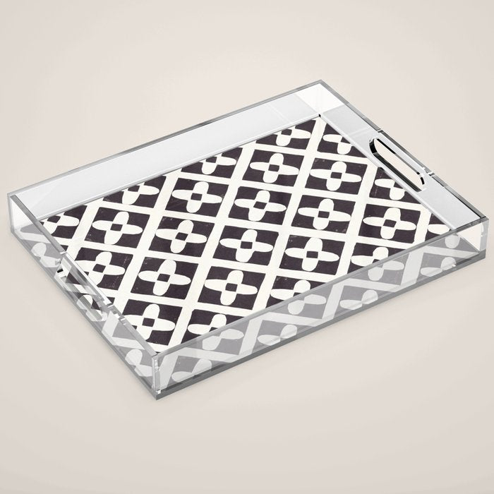 Floral Tiles Pattern / Lino Print Acrylic Tray Gallery Image 1