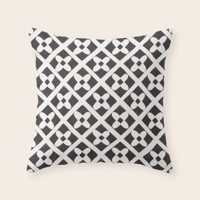 Floral Tiles Pattern / Lino Print Throw Pillow Gallery Image 6