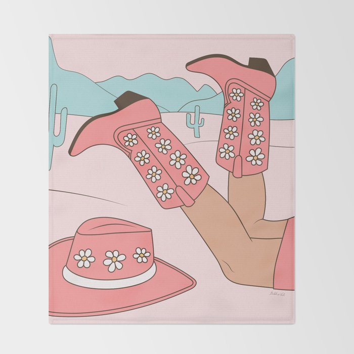 Cute Desert Cowgirl Pink Cowboy Boots Daisy Throw Blanket Gallery Image 2