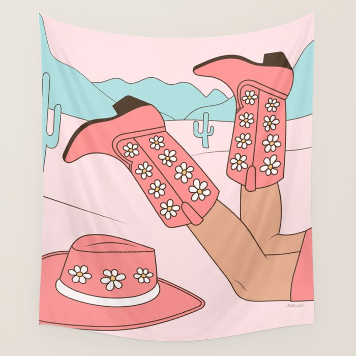 Cute Desert Cowgirl Pink Cowboy Boots Daisy Wall Tapestry Gallery Image 4
