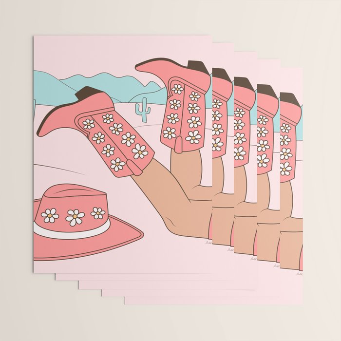 Cute Desert Cowgirl Pink Cowboy Boots Daisy Wrapping Paper Gallery Image 3