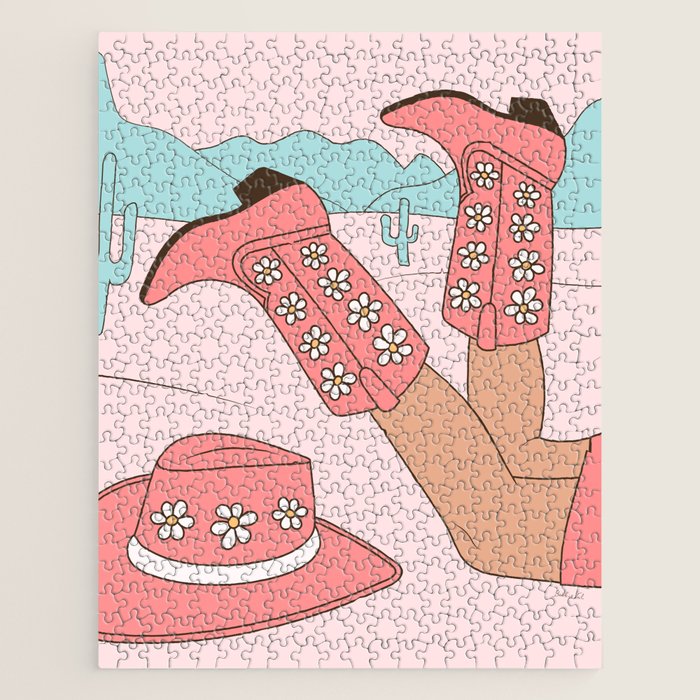 Cute Desert Cowgirl Pink Cowboy Boots Daisy Jigsaw Puzzle Gallery Image 1
