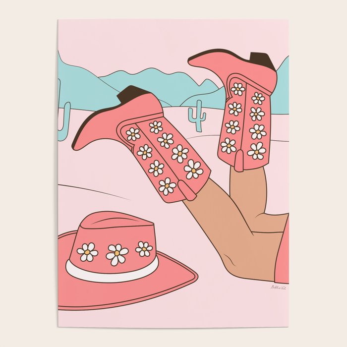 Cute Desert Cowgirl Pink Cowboy Boots Daisy Poster Gallery Image 4