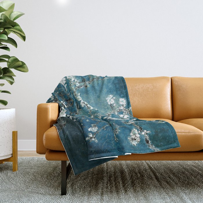 Van Gogh Almond Blossoms : Dark Teal Throw Blanket Gallery Image 1