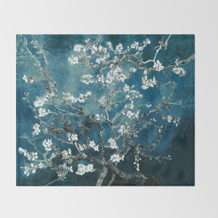 Van Gogh Almond Blossoms : Dark Teal Throw Blanket Gallery Image 2