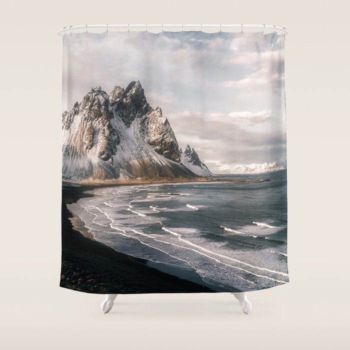 Stokksnes Icelandic Mountain Beach Sunset - Landscape Photography Shower Curtain Gallery Image 1