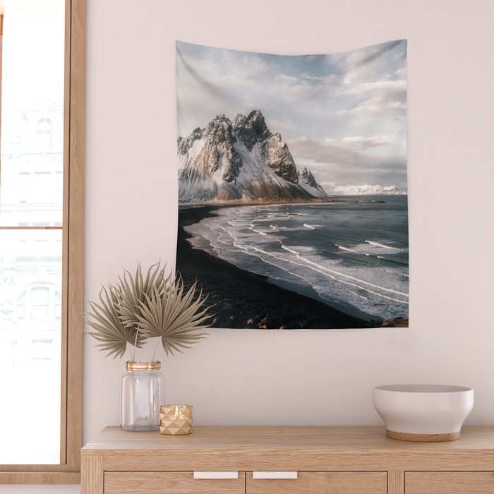 Stokksnes Icelandic Mountain Beach Sunset - Landscape Photography Wall Tapestry Gallery Image 2