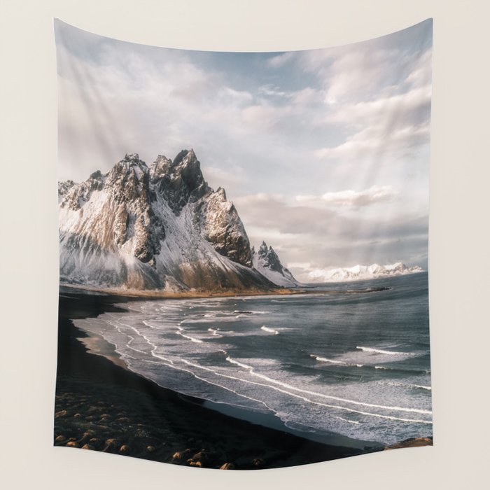 Stokksnes Icelandic Mountain Beach Sunset - Landscape Photography Wall Tapestry Gallery Image 1
